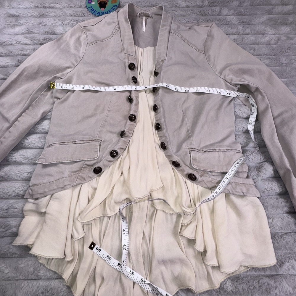Free People XS Ruffle Romance Tan Open Cardigan Jacket Buttons Pocke Military - Picture 5 of 10